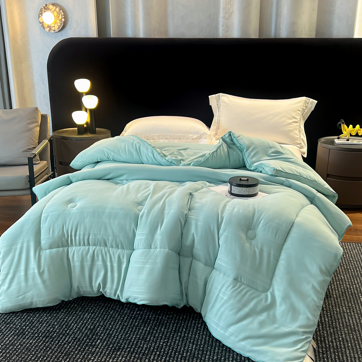 91家纺网 家纺一手货源 找家纺 六合家纺 2026新款贡缎提花锻条立体大豆被春秋被四季被冬被被子被芯 绿色