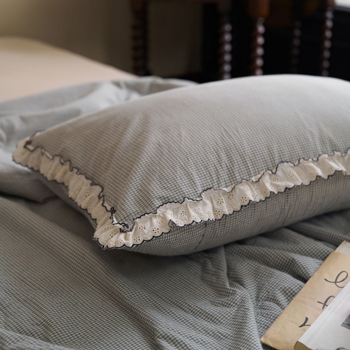 91家纺网 家纺一手货源 找家纺 洋铭区（原狠狠爱） 2026新款色织水洗棉花边夏被 小格子-甜蜜蓝