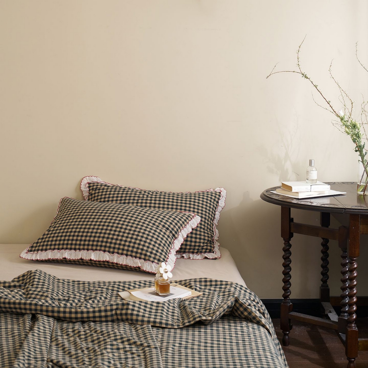 91家纺网 家纺一手货源 找家纺 洋铭区（原狠狠爱） 2026新款色织水洗棉花边夏被 小格子-甜蜜深绿