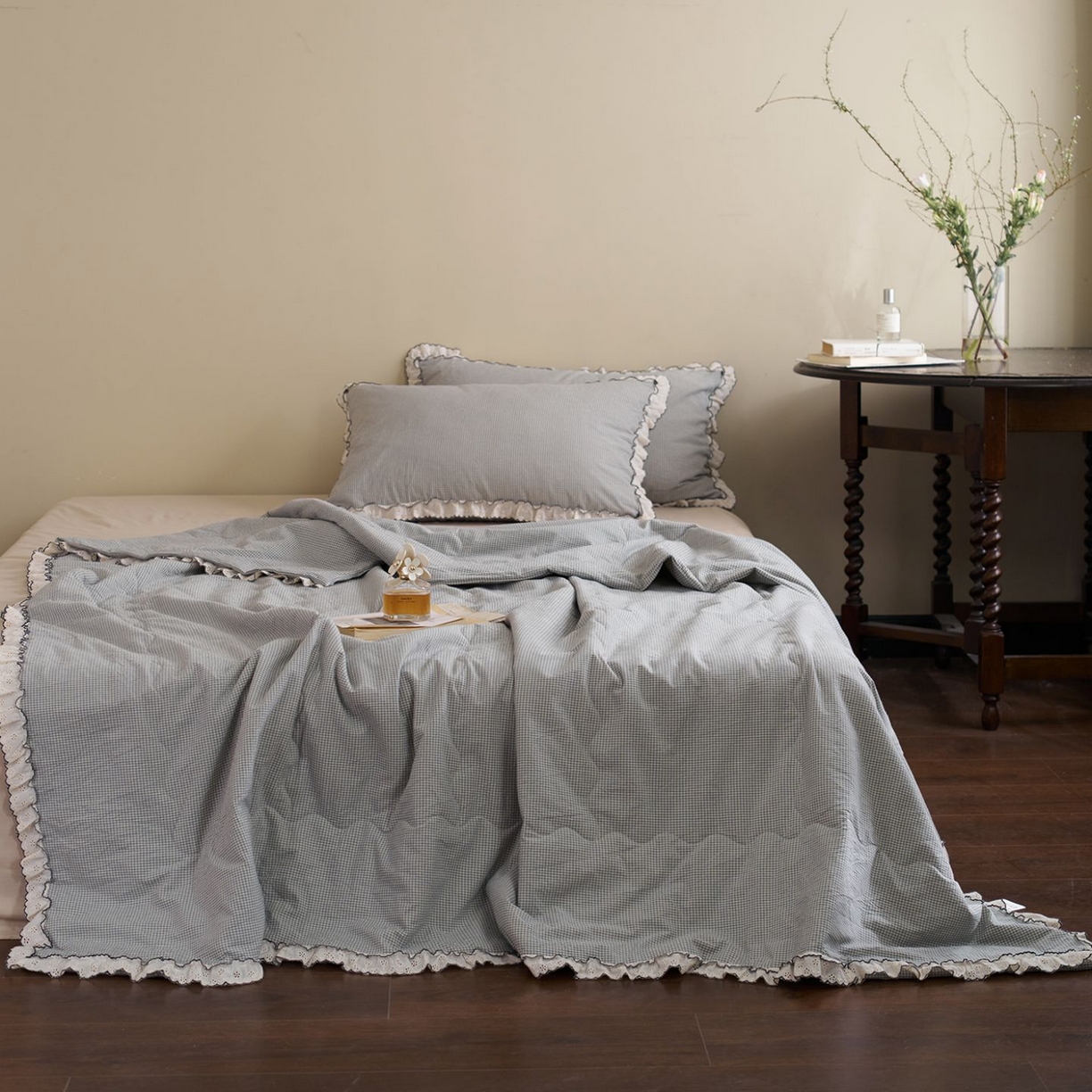 洋铭区（原狠狠爱） 2026新款色织水洗棉花边夏被 小格子-甜蜜蓝
