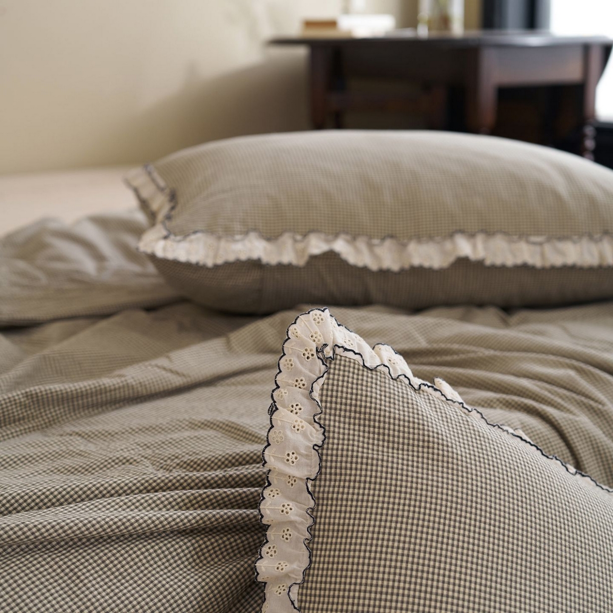 91家纺网 家纺一手货源 找家纺 洋铭区（原狠狠爱） 2026新款色织水洗棉花边夏被 小格子-甜蜜绿