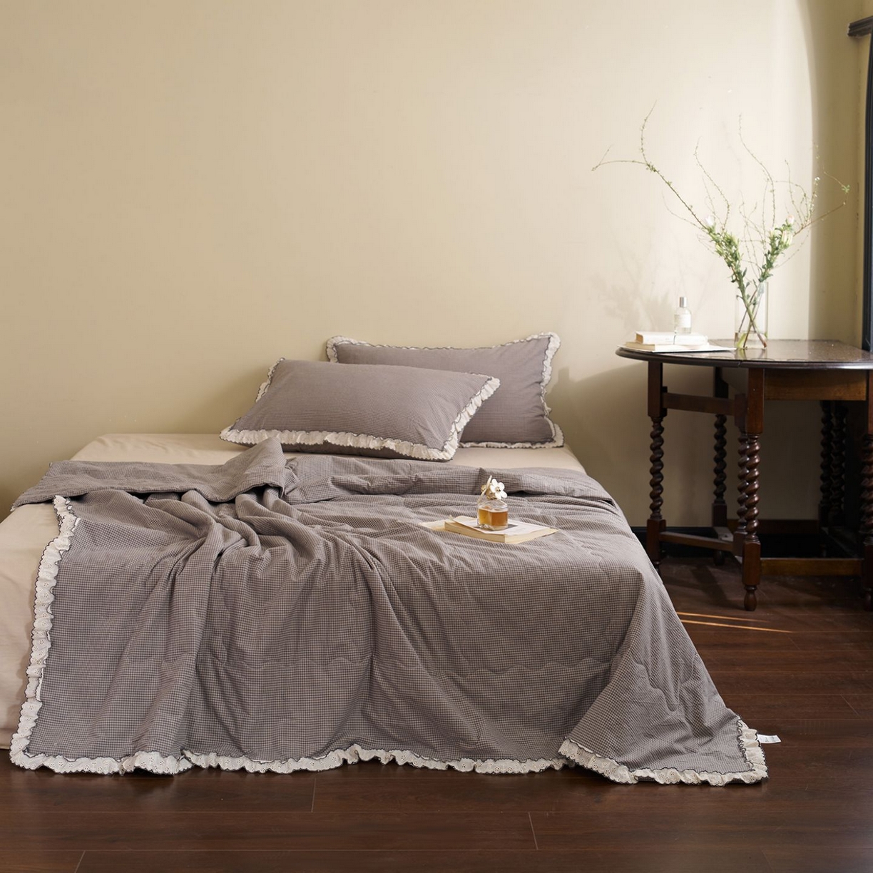 洋铭区（原狠狠爱） 2026新款色织水洗棉花边夏被 小格子-甜蜜灰