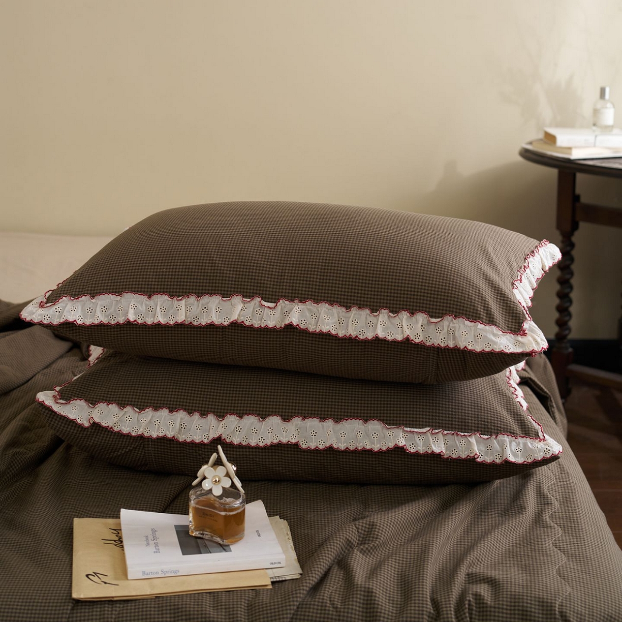 91家纺网 家纺一手货源 找家纺 洋铭区（原狠狠爱） 2026新款色织水洗棉花边夏被 小格子-甜蜜棕