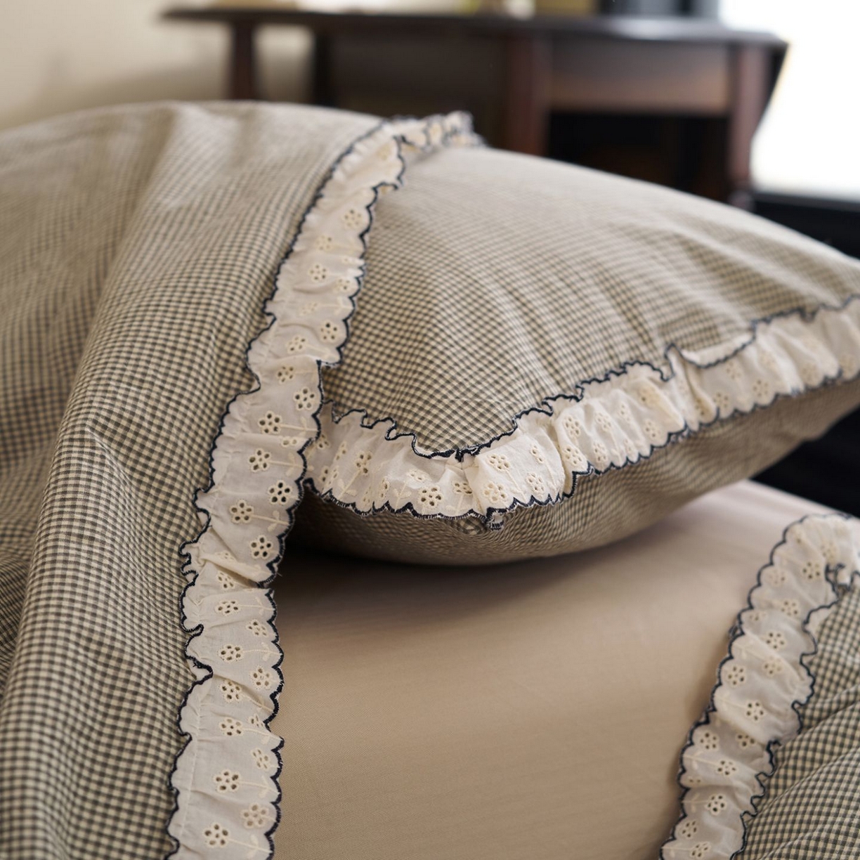 91家纺网 家纺一手货源 找家纺 洋铭区（原狠狠爱） 2026新款色织水洗棉花边夏被 小格子-甜蜜绿