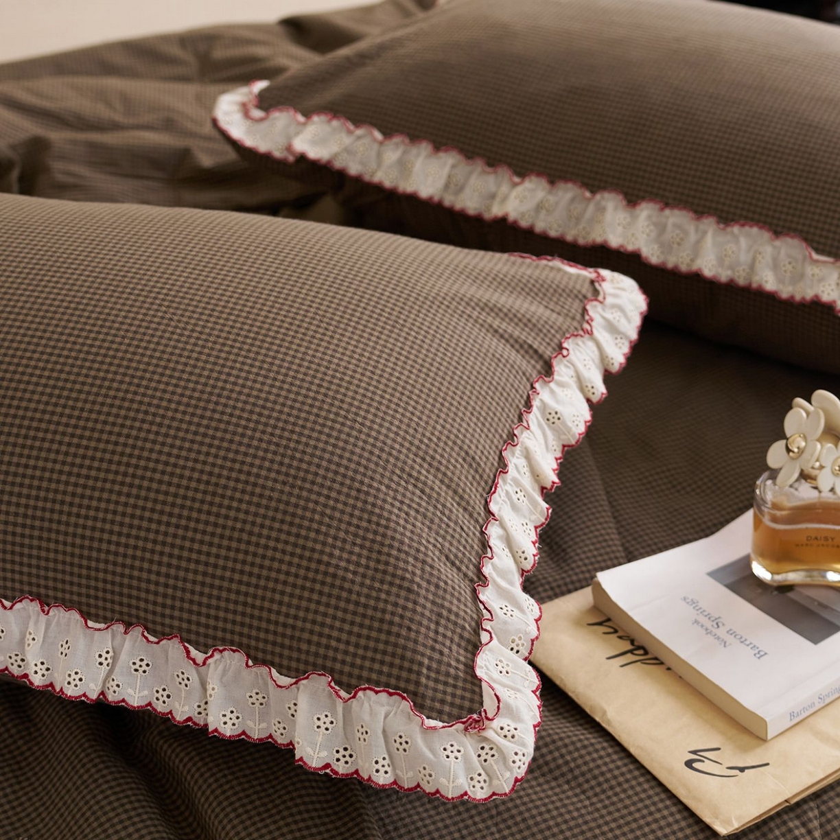 91家纺网 家纺一手货源 找家纺 洋铭区（原狠狠爱） 2026新款色织水洗棉花边夏被 小格子-甜蜜棕