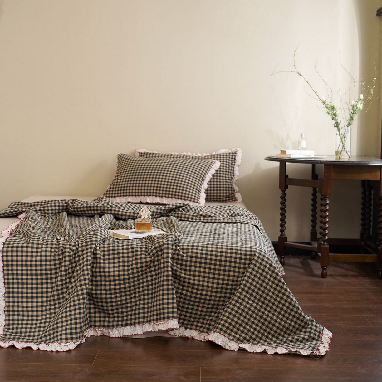 洋铭区（原狠狠爱） 2026新款色织水洗棉花边夏被 小格子-甜蜜深绿