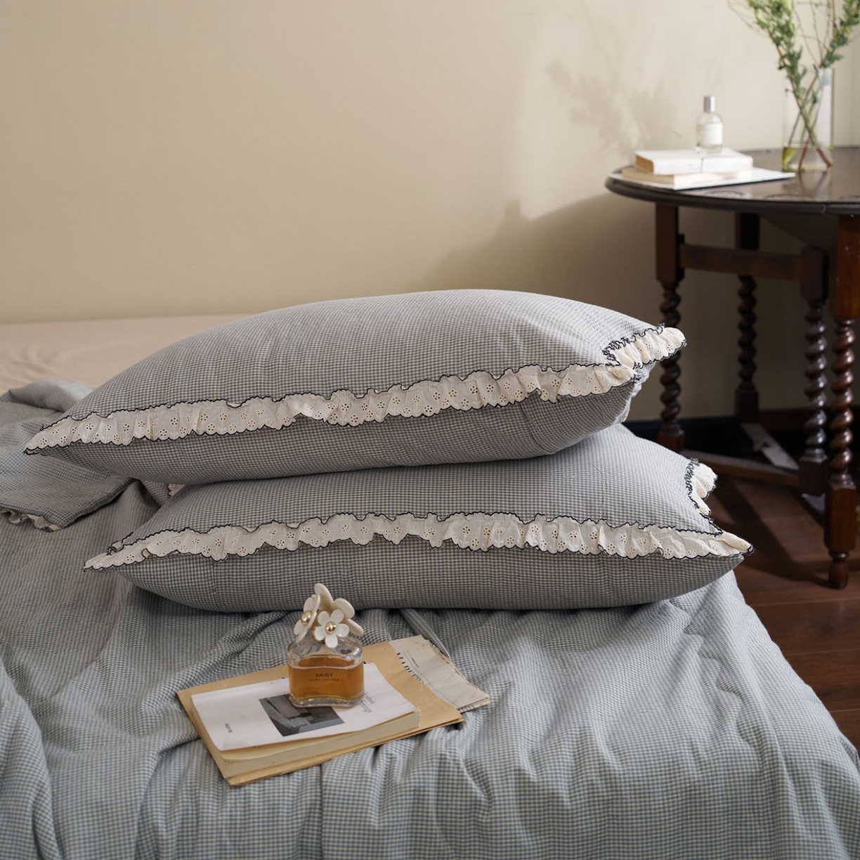 91家纺网 家纺一手货源 找家纺 洋铭区（原狠狠爱） 2026新款色织水洗棉花边夏被 小格子-甜蜜蓝