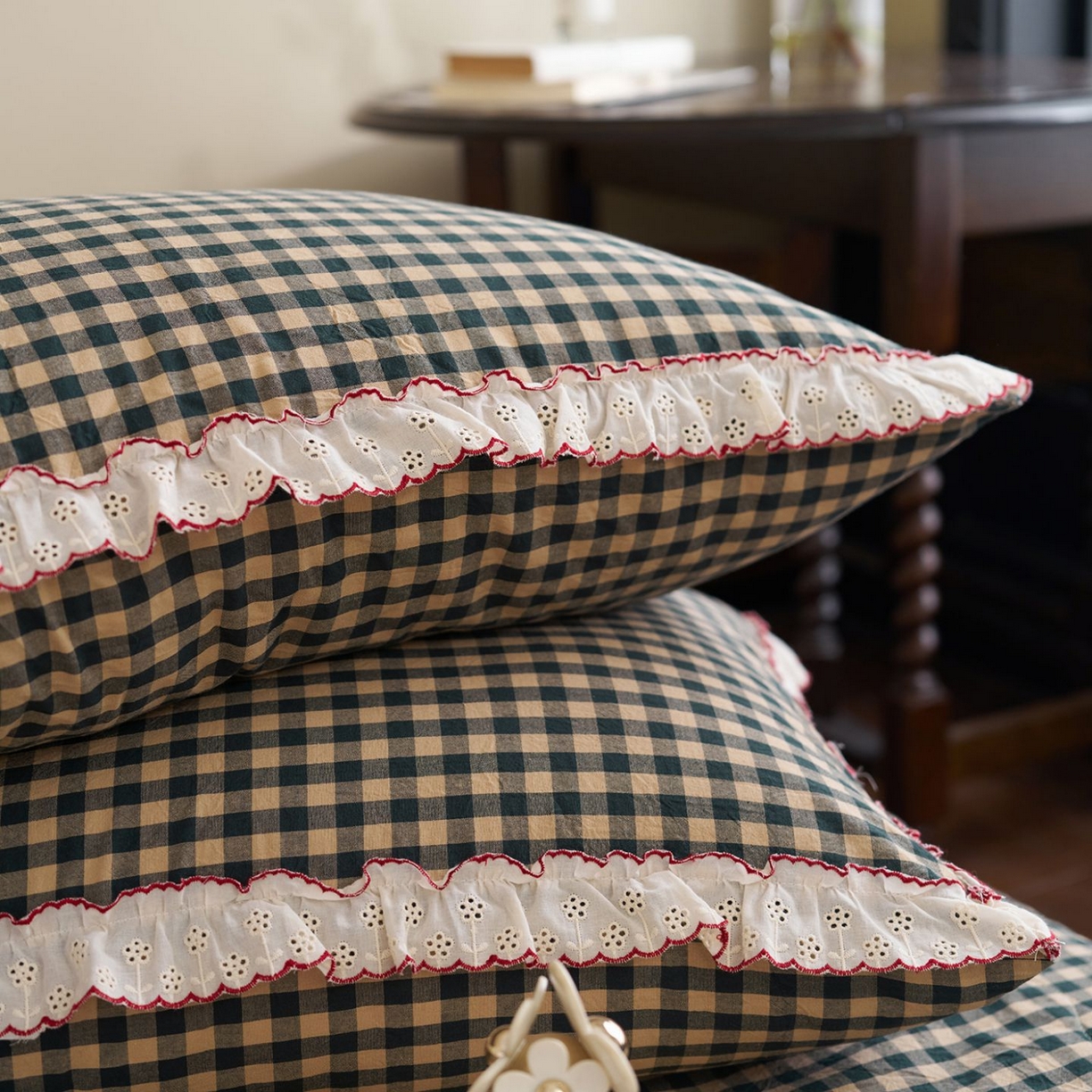 91家纺网 家纺一手货源 找家纺 洋铭区（原狠狠爱） 2026新款色织水洗棉花边夏被 小格子-甜蜜深绿