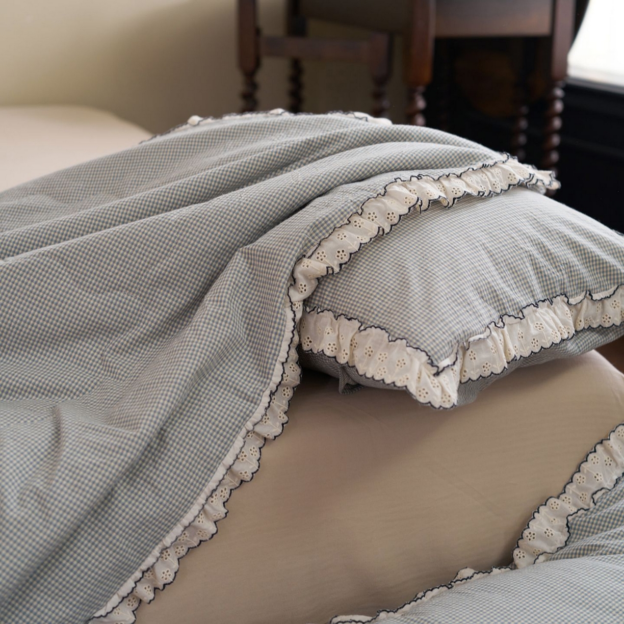 91家纺网 家纺一手货源 找家纺 洋铭区（原狠狠爱） 2026新款色织水洗棉花边夏被 小格子-甜蜜蓝