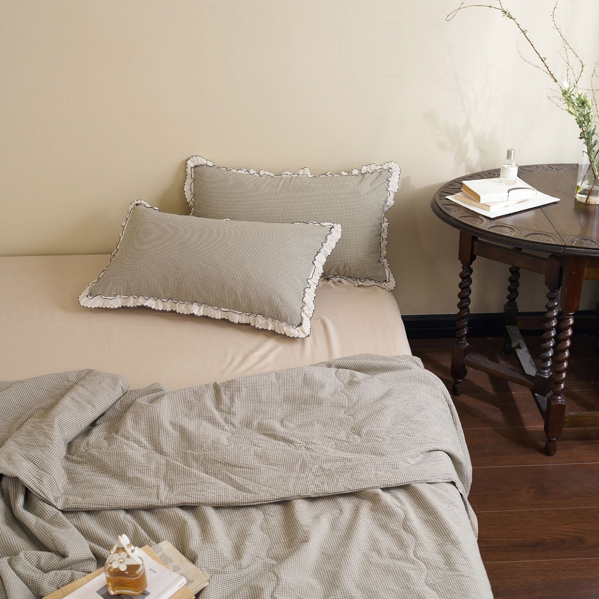 91家纺网 家纺一手货源 找家纺 洋铭区（原狠狠爱） 2026新款色织水洗棉花边夏被 小格子-甜蜜绿