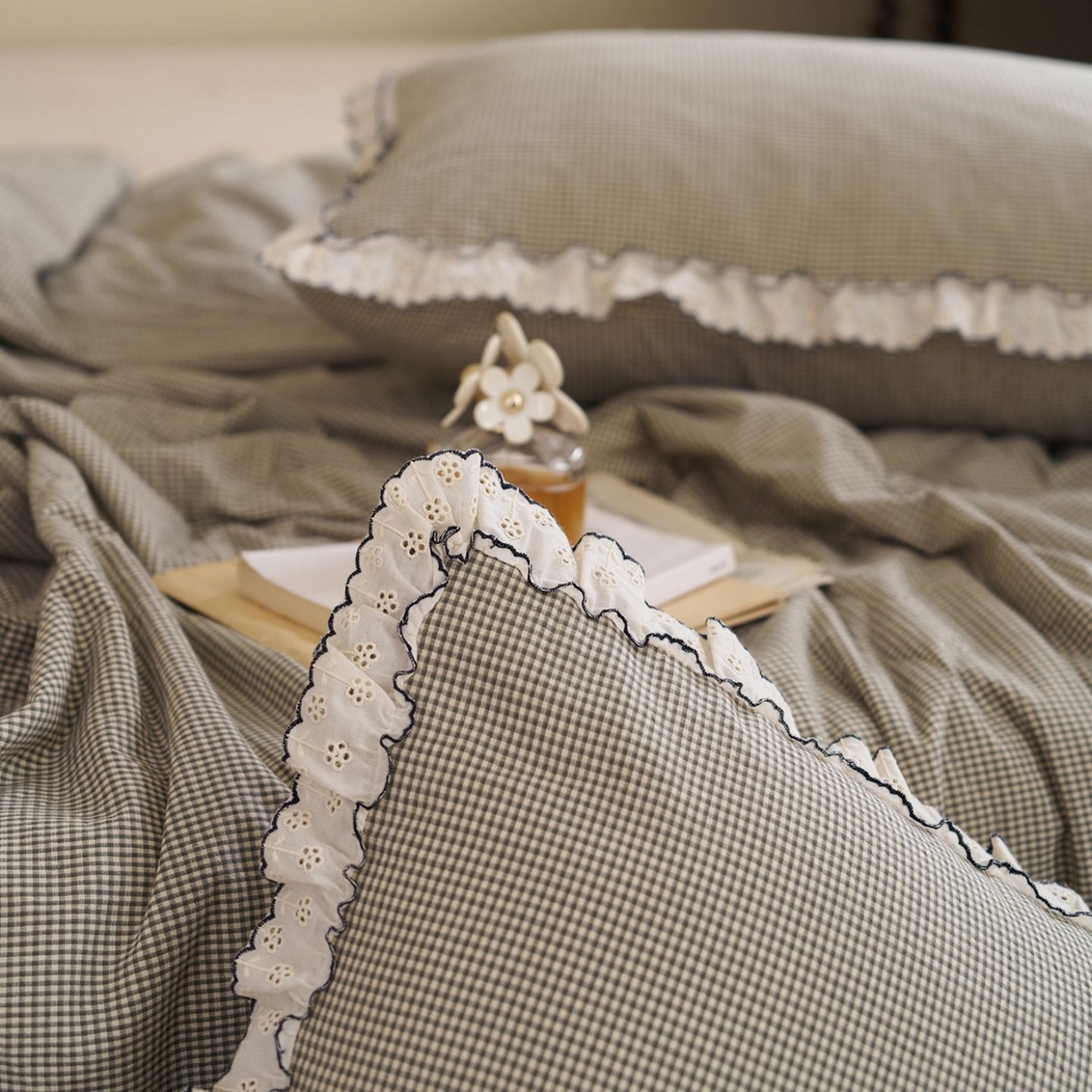 91家纺网 家纺一手货源 找家纺 洋铭区（原狠狠爱） 2026新款色织水洗棉花边夏被 小格子-甜蜜绿