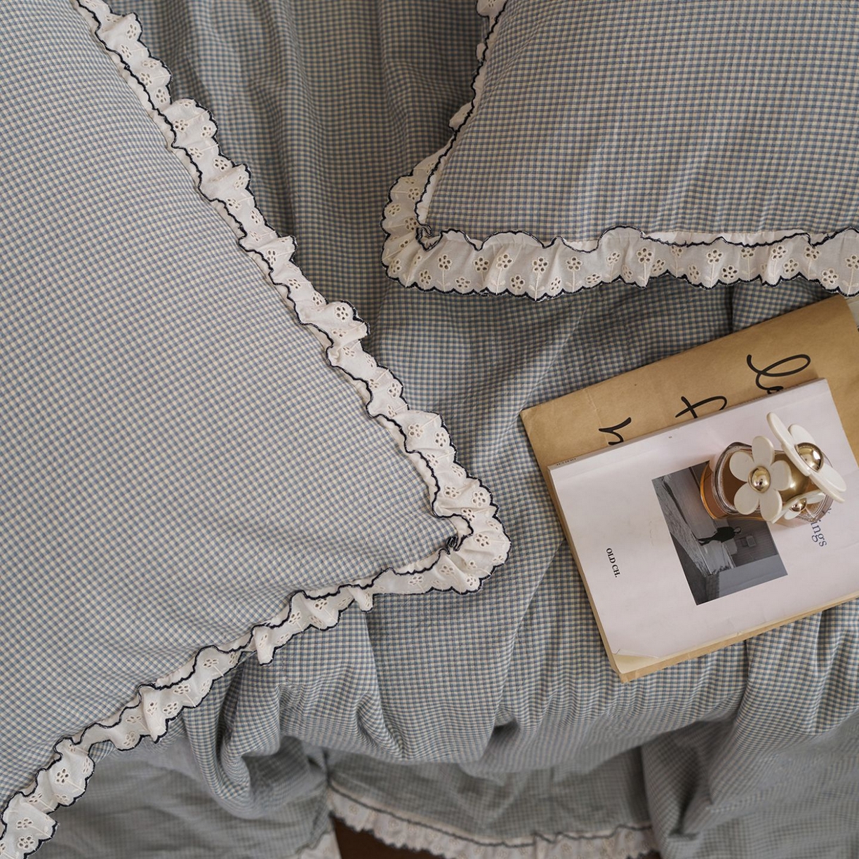 91家纺网 家纺一手货源 找家纺 洋铭区（原狠狠爱） 2026新款色织水洗棉花边夏被 小格子-甜蜜蓝