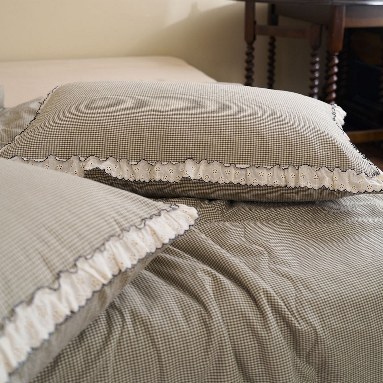 91家纺网 家纺一手货源 找家纺 洋铭区（原狠狠爱） 2026新款色织水洗棉花边夏被 小格子-甜蜜绿