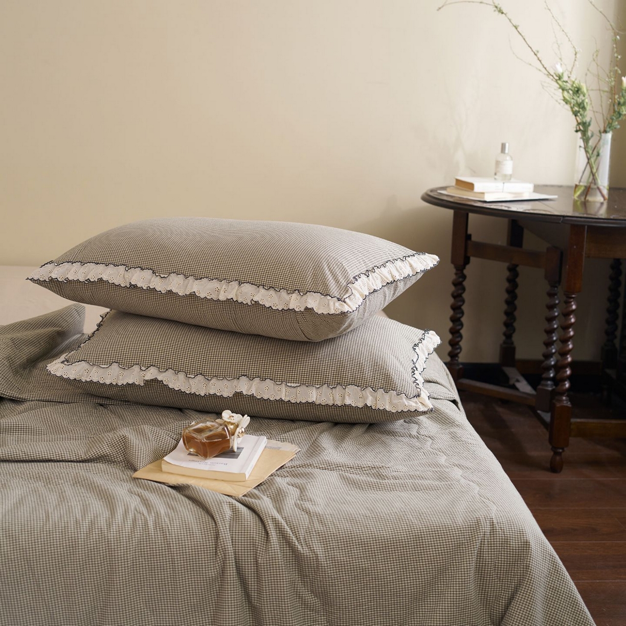 91家纺网 家纺一手货源 找家纺 洋铭区（原狠狠爱） 2026新款色织水洗棉花边夏被 小格子-甜蜜绿