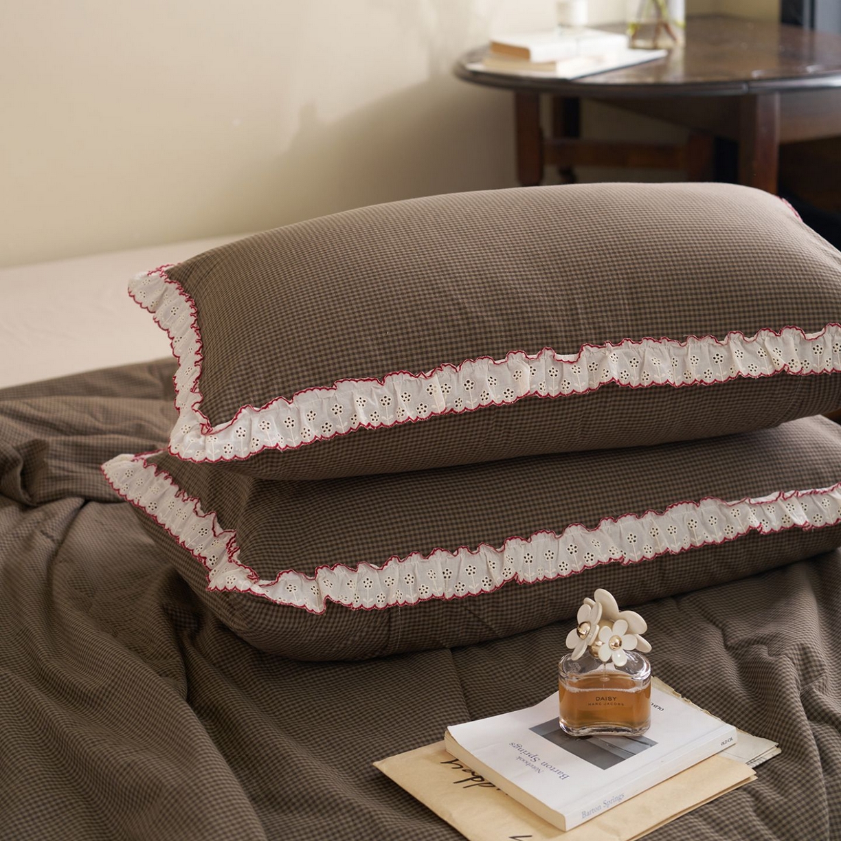 91家纺网 家纺一手货源 找家纺 洋铭区（原狠狠爱） 2026新款色织水洗棉花边夏被 小格子-甜蜜棕