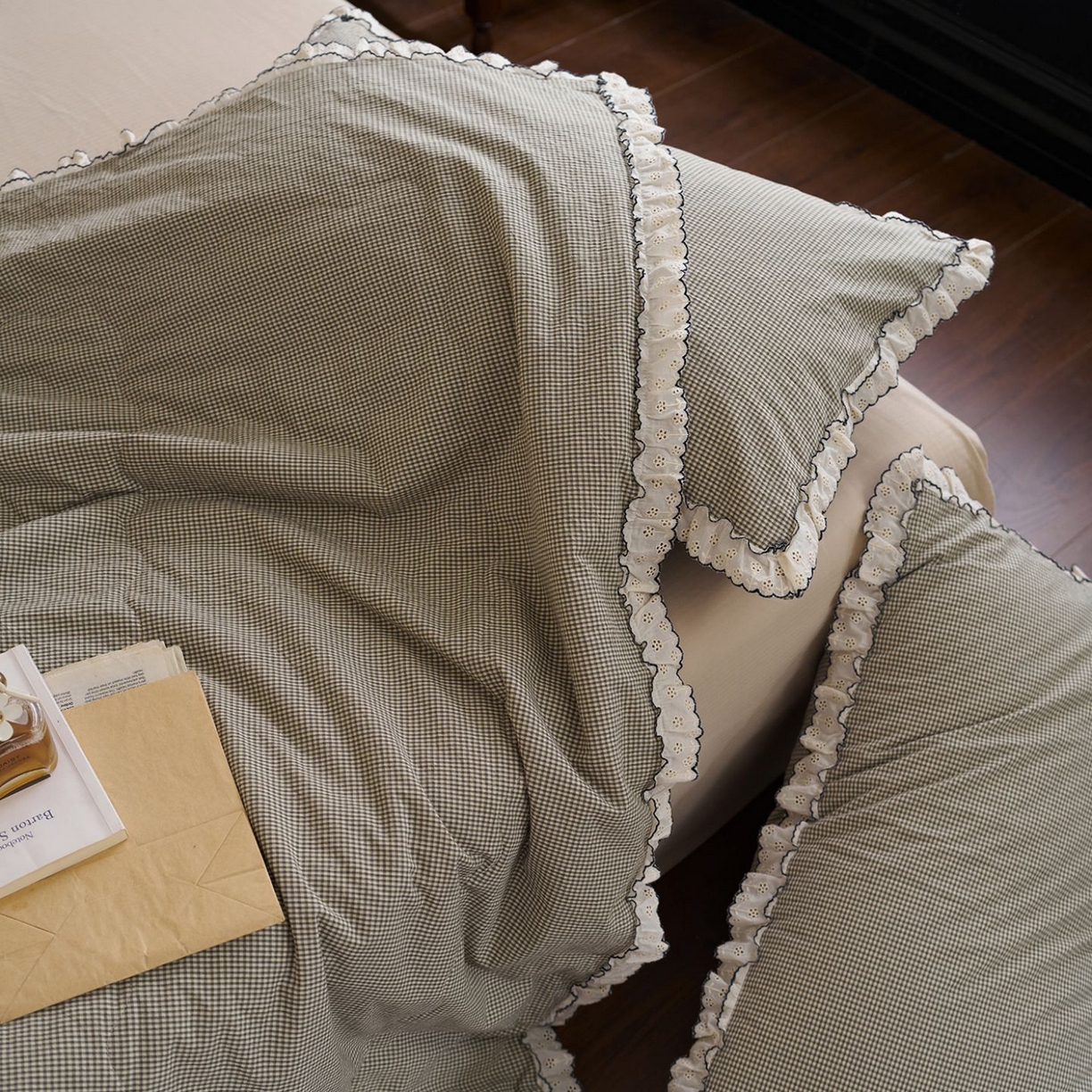 91家纺网 家纺一手货源 找家纺 洋铭区（原狠狠爱） 2026新款色织水洗棉花边夏被 小格子-甜蜜绿