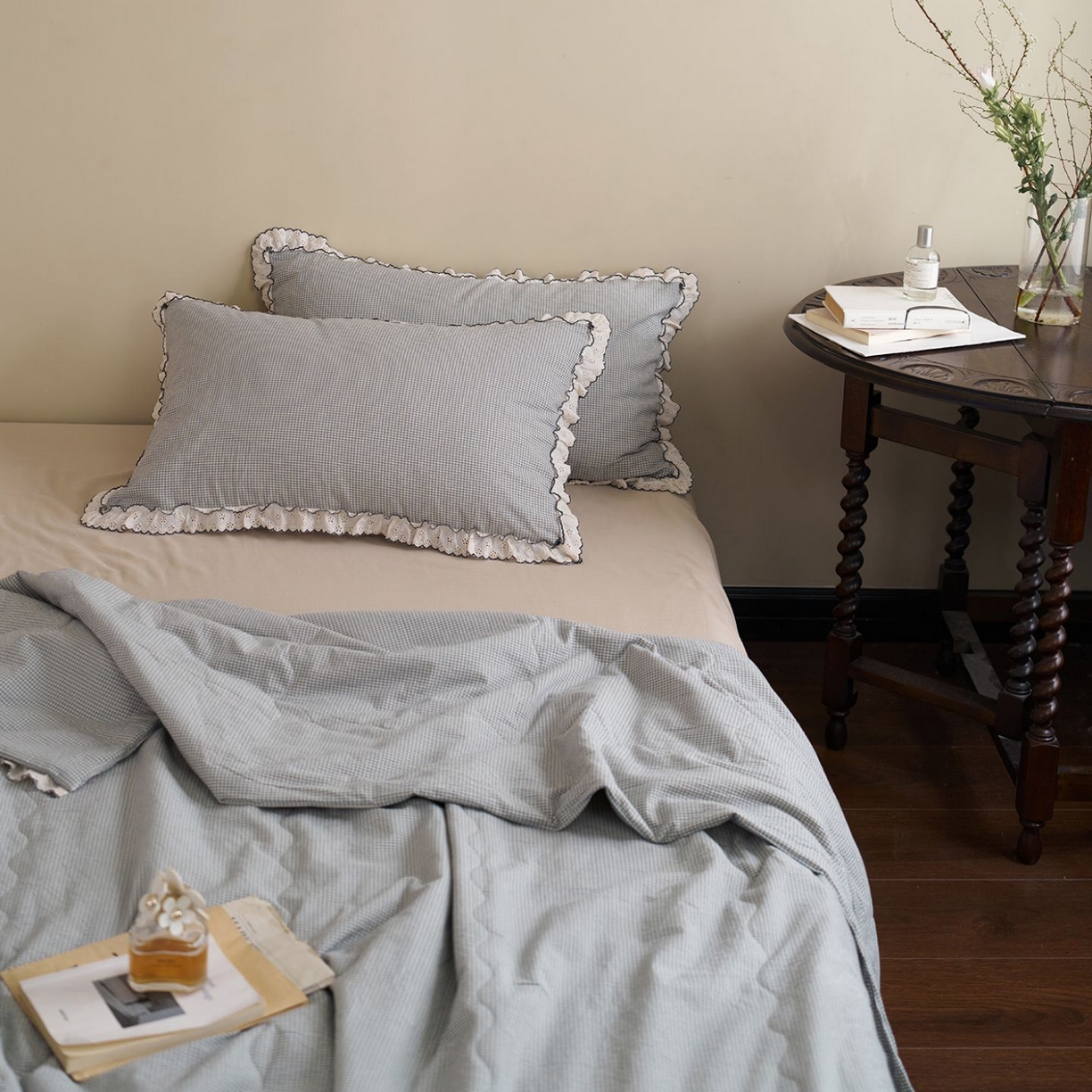 91家纺网 家纺一手货源 找家纺 洋铭区（原狠狠爱） 2026新款色织水洗棉花边夏被 小格子-甜蜜蓝