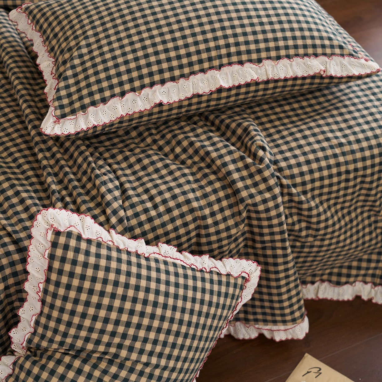 91家纺网 家纺一手货源 找家纺 洋铭区（原狠狠爱） 2026新款色织水洗棉花边夏被 小格子-甜蜜深绿