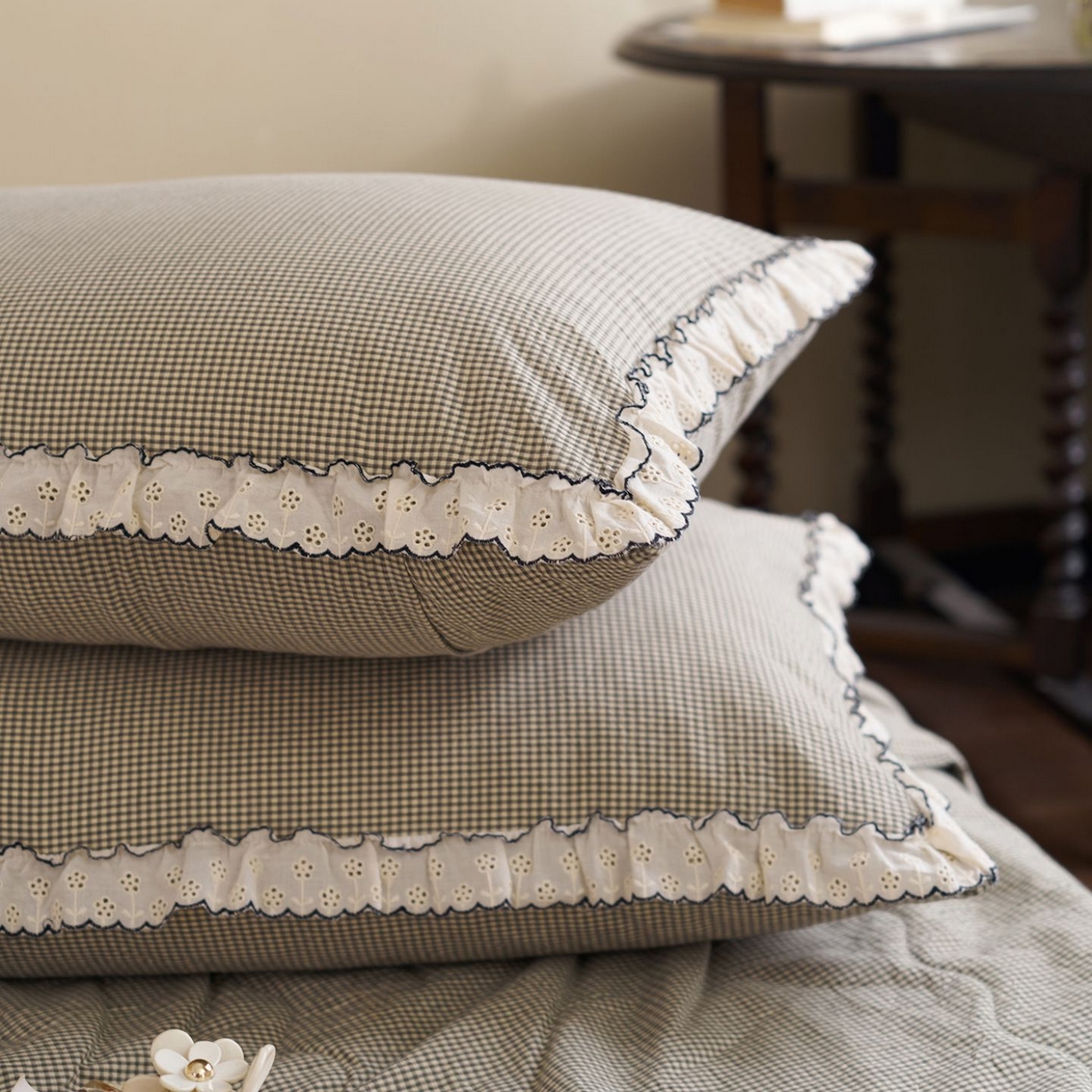 91家纺网 家纺一手货源 找家纺 洋铭区（原狠狠爱） 2026新款色织水洗棉花边夏被 小格子-甜蜜绿