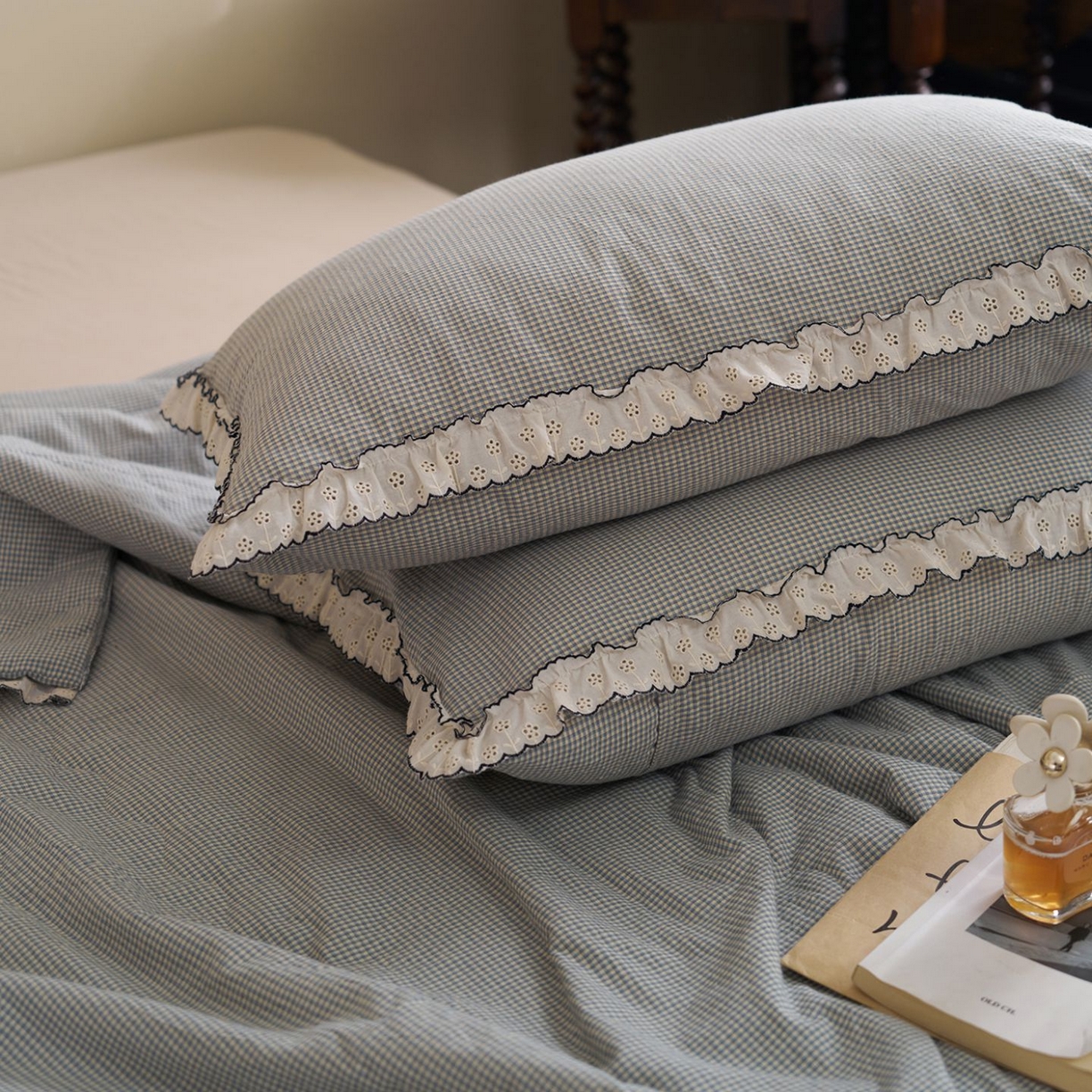 91家纺网 家纺一手货源 找家纺 洋铭区（原狠狠爱） 2026新款色织水洗棉花边夏被 小格子-甜蜜蓝