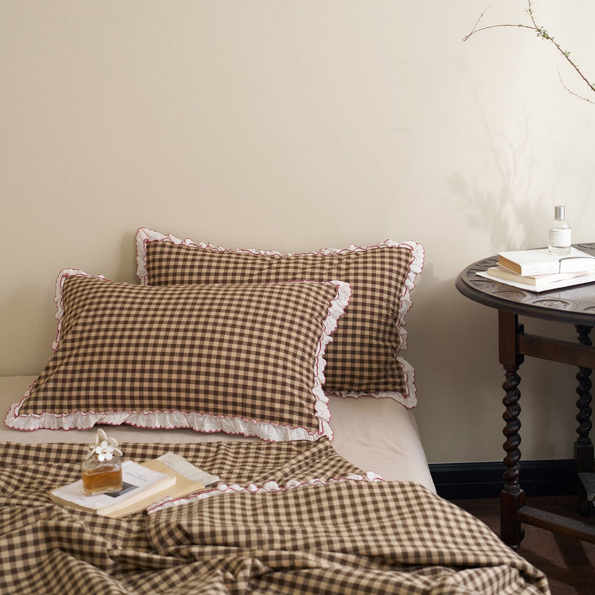 91家纺网 家纺一手货源 找家纺 洋铭区（原狠狠爱） 2026新款色织水洗棉花边夏被 小格子-甜蜜咖