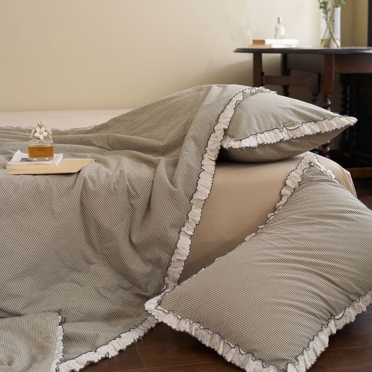 91家纺网 家纺一手货源 找家纺 洋铭区（原狠狠爱） 2026新款色织水洗棉花边夏被 小格子-甜蜜绿