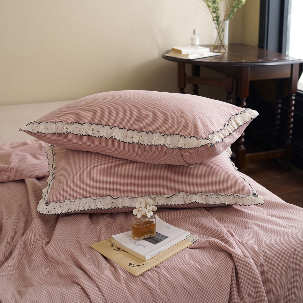 91家纺网 家纺一手货源 找家纺 洋铭区（原狠狠爱） 2026新款色织水洗棉花边夏被 小格子-甜蜜粉