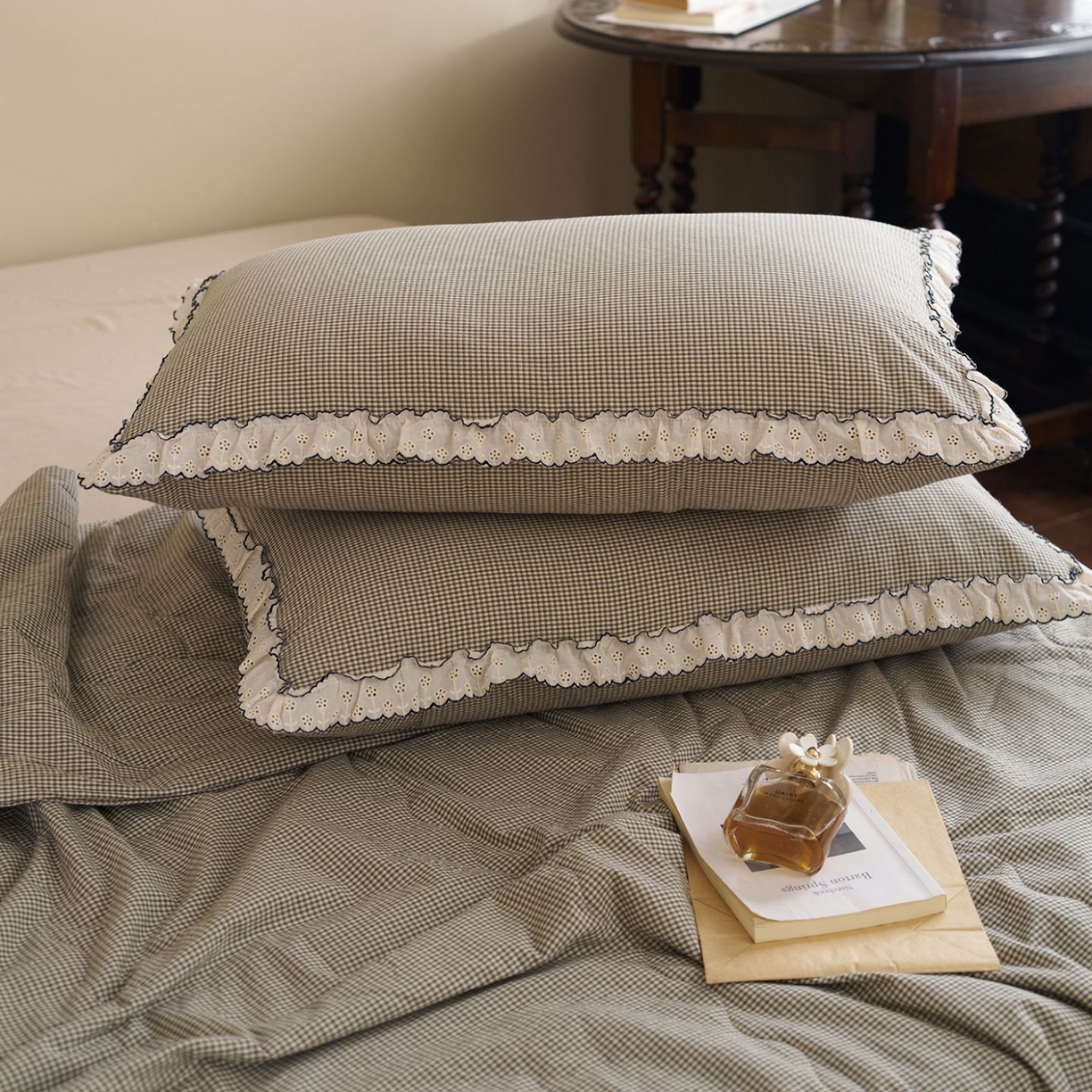 91家纺网 家纺一手货源 找家纺 洋铭区（原狠狠爱） 2026新款色织水洗棉花边夏被 小格子-甜蜜绿