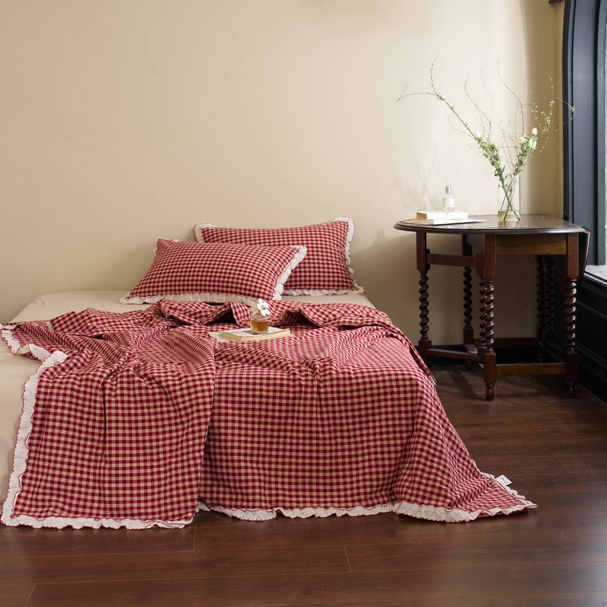 洋铭区（原狠狠爱） 2026新款色织水洗棉花边夏被 小格子-甜蜜红