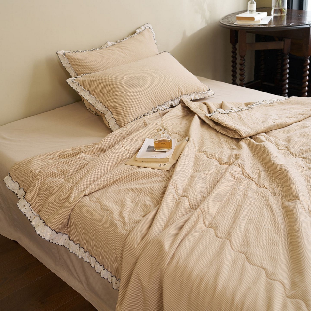 91家纺网 家纺一手货源 找家纺 洋铭区（原狠狠爱） 2026新款色织水洗棉花边夏被 小格子-甜蜜黄