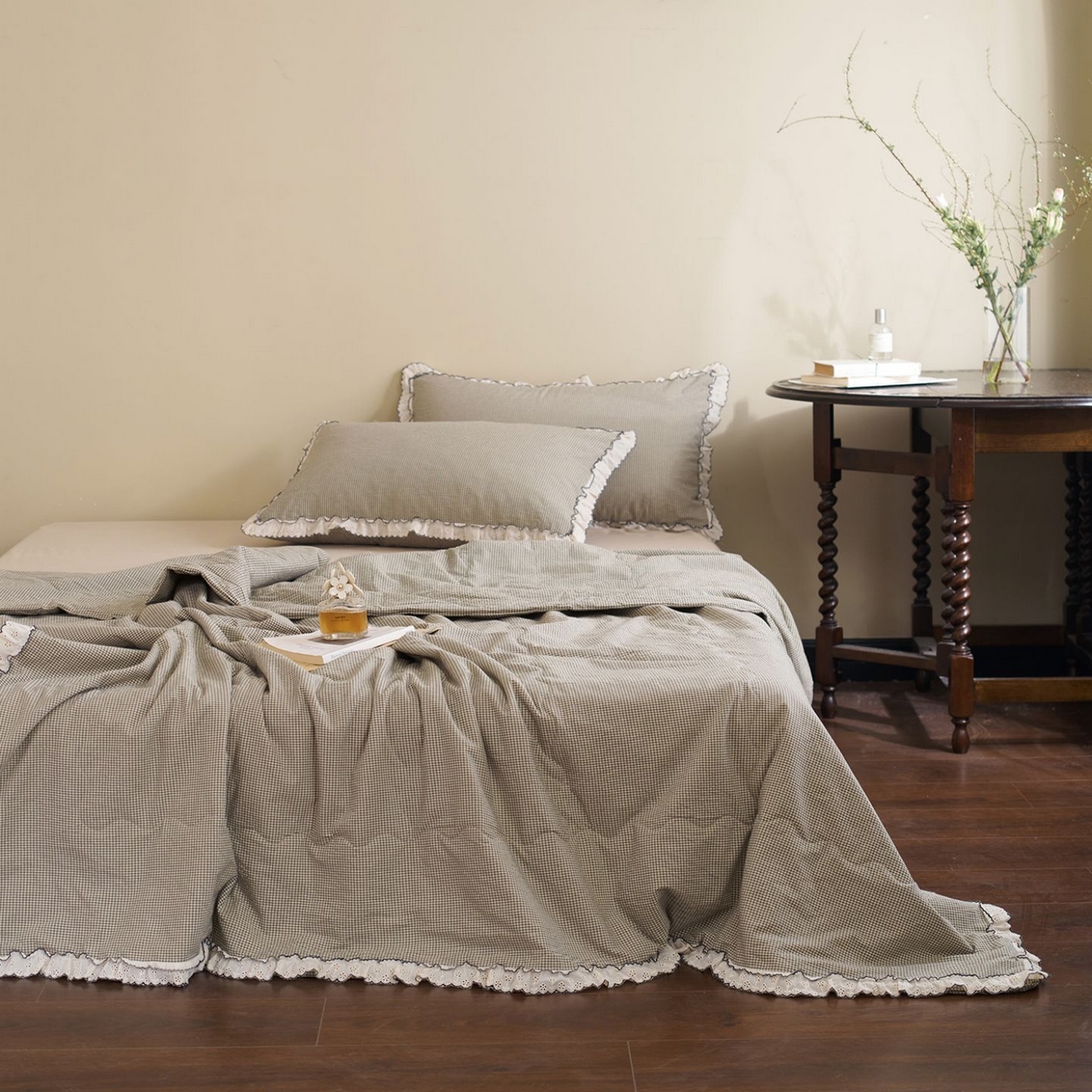 洋铭区（原狠狠爱） 2026新款色织水洗棉花边夏被 小格子-甜蜜绿