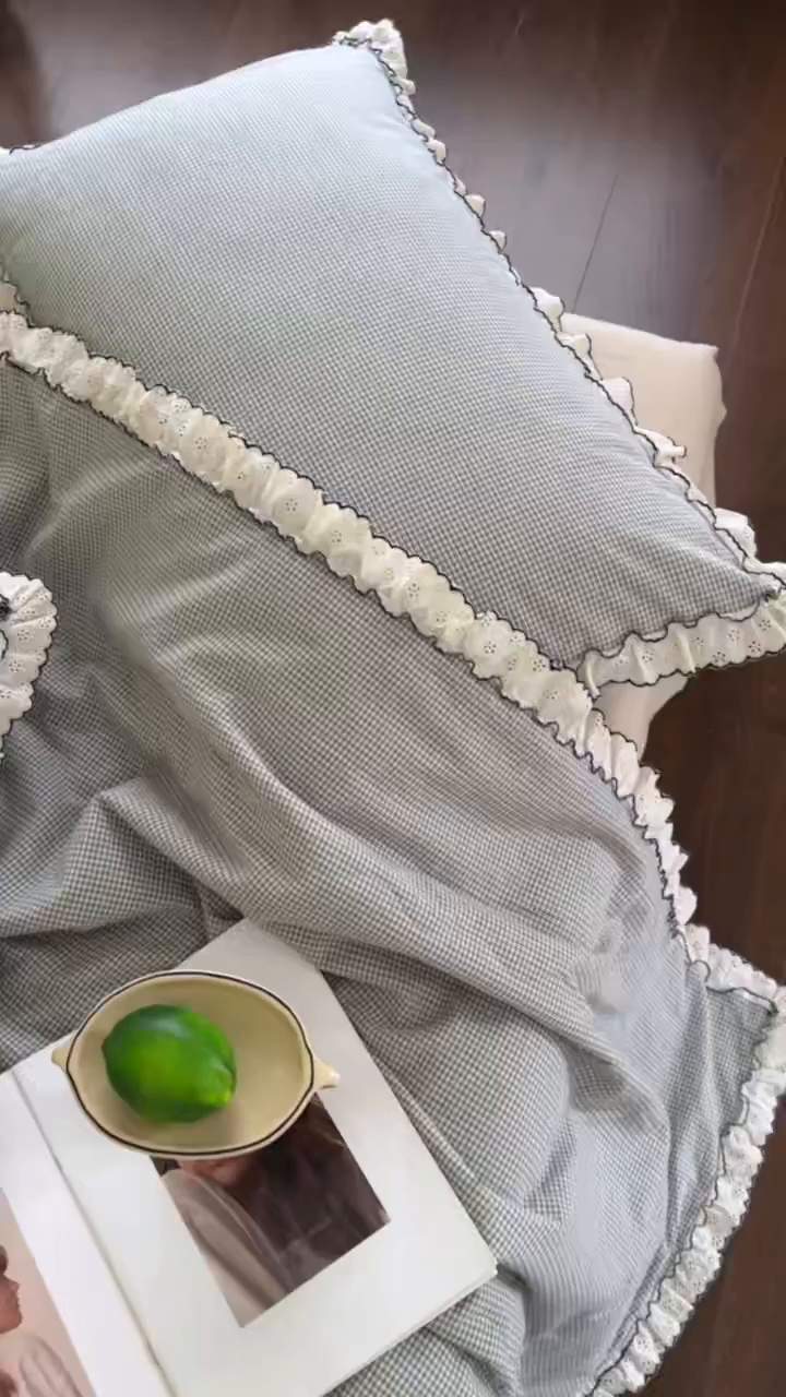 91家纺网 家纺一手货源 找家纺 洋铭区（原狠狠爱） 2026新款色织水洗棉花边夏被 小格子-甜蜜绿