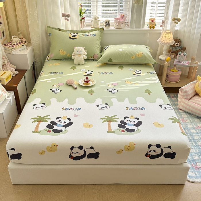 91家纺网 家纺一手货源 找家纺 绵庭家纺 2026新款12868全棉纯棉印花系列床笠单件单品床笠单床笠-第一批 熊猫鸭鸭乐-绿
