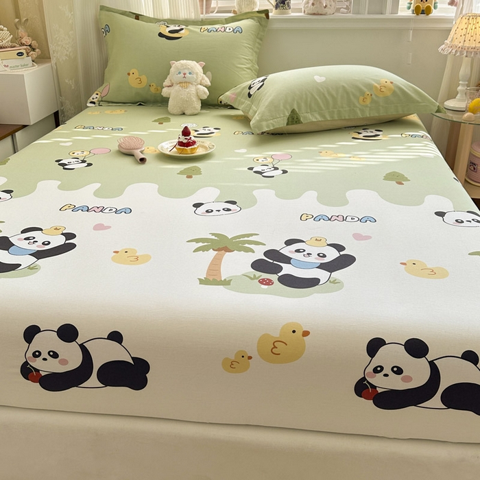 91家纺网 家纺一手货源 找家纺 绵庭家纺 2026新款12868全棉纯棉印花系列床笠单件单品床笠单床笠-第一批 熊猫鸭鸭乐-绿
