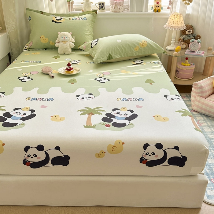 91家纺网 家纺一手货源 找家纺 绵庭家纺 2026新款12868全棉纯棉印花系列床笠单件单品床笠单床笠-第一批 熊猫鸭鸭乐-绿