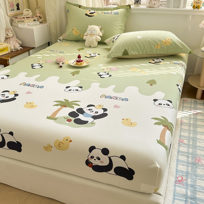 91家纺网 家纺一手货源 找家纺 绵庭家纺 2026新款12868全棉纯棉印花系列床笠单件单品床笠单床笠-第一批 熊猫鸭鸭乐-绿