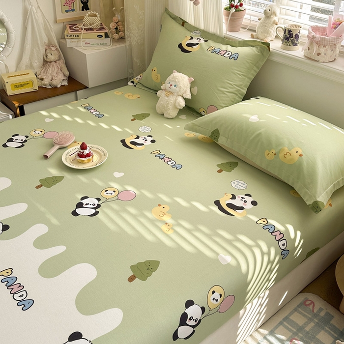 91家纺网 家纺一手货源 找家纺 绵庭家纺 2026新款12868全棉纯棉印花系列床笠单件单品床笠单床笠-第一批 熊猫鸭鸭乐-绿