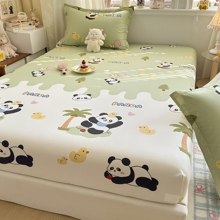 91家纺网 家纺一手货源 找家纺 绵庭家纺 2026新款12868全棉纯棉印花系列床笠单件单品床笠单床笠-第一批 熊猫鸭鸭乐-绿