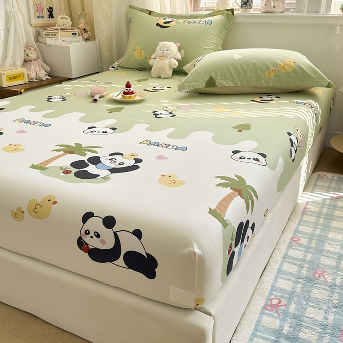 91家纺网 家纺一手货源 找家纺 绵庭家纺 2026新款12868全棉纯棉印花系列床笠单件单品床笠单床笠-第一批 熊猫鸭鸭乐-绿