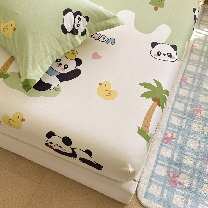 91家纺网 家纺一手货源 找家纺 绵庭家纺 2026新款12868全棉纯棉印花系列床笠单件单品床笠单床笠-第一批 熊猫鸭鸭乐-绿