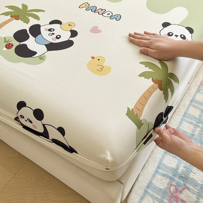 91家纺网 家纺一手货源 找家纺 绵庭家纺 2026新款12868全棉纯棉印花系列床笠单件单品床笠单床笠-第一批 熊猫鸭鸭乐-绿