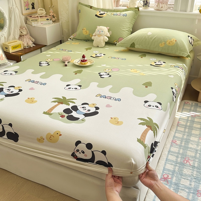 91家纺网 家纺一手货源 找家纺 绵庭家纺 2026新款12868全棉纯棉印花系列床笠单件单品床笠单床笠-第一批 熊猫鸭鸭乐-绿