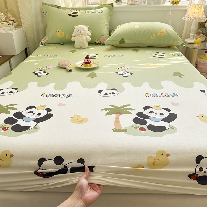 91家纺网 家纺一手货源 找家纺 绵庭家纺 2026新款12868全棉纯棉印花系列床笠单件单品床笠单床笠-第一批 熊猫鸭鸭乐-绿