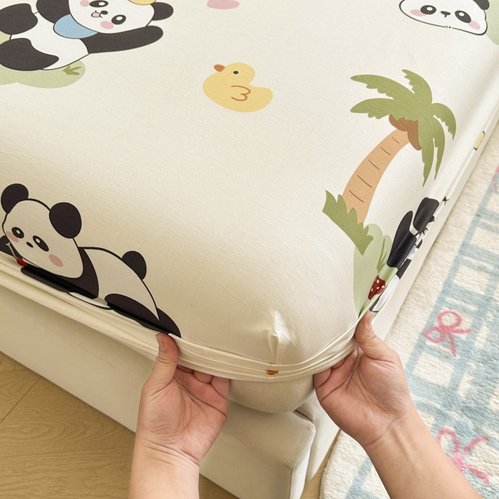 91家纺网 家纺一手货源 找家纺 绵庭家纺 2026新款12868全棉纯棉印花系列床笠单件单品床笠单床笠-第一批 熊猫鸭鸭乐-绿