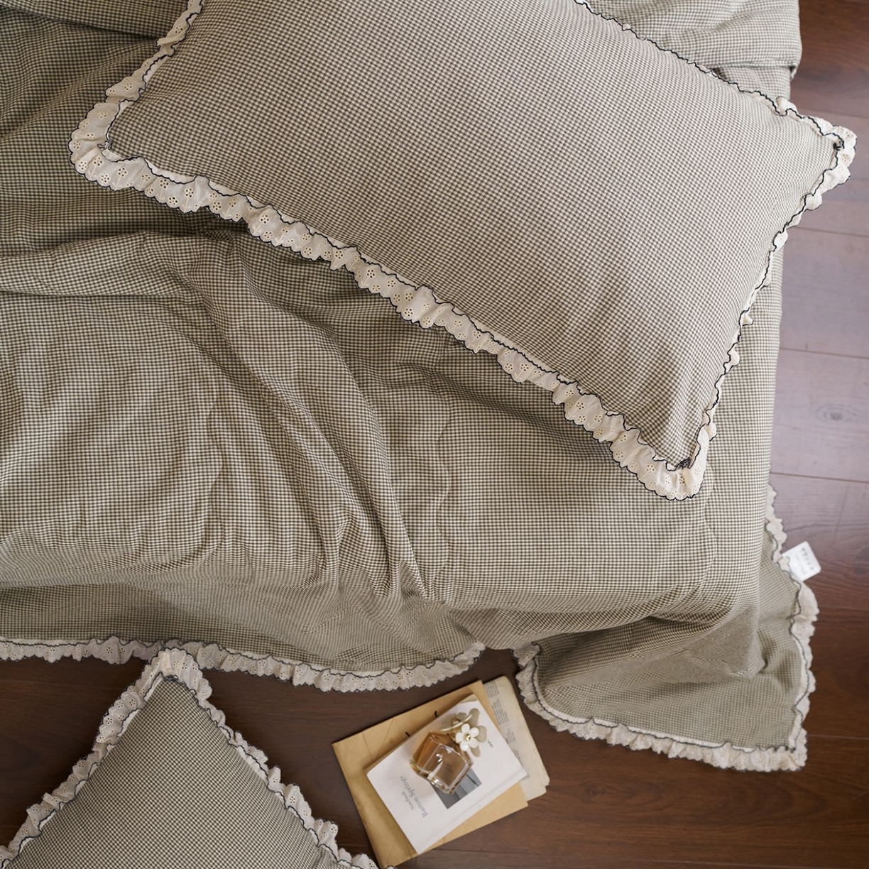 91家纺网 家纺一手货源 找家纺 洋铭区（原狠狠爱） 2026新款色织水洗棉花边夏被 小格子-甜蜜绿