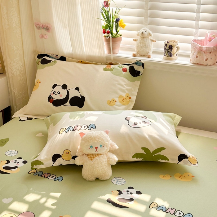 91家纺网 家纺一手货源 找家纺 绵庭家纺 2026新款12868全棉纯棉印花系列枕套单件单品枕套单枕套-第一批 熊猫鸭鸭乐-绿