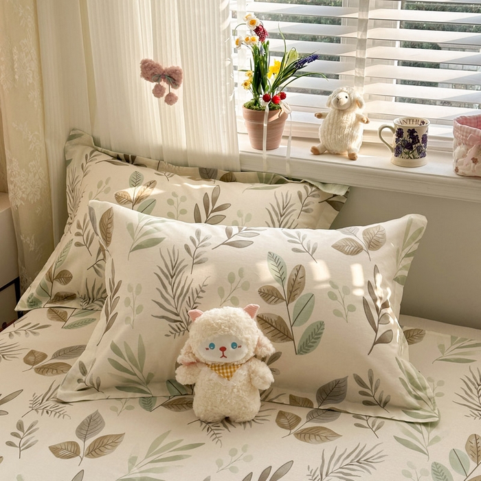 绵庭家纺 2026新款12868全棉纯棉印花系列枕套单件单品枕套单枕套-第一批 叶语轻喃-绿