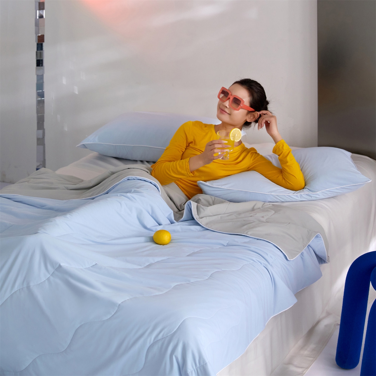 91家纺网 家纺一手货源 找家纺 头等舱 2026新款3.0版凉感A类锦氨（160克）20大豆抗菌夏被（配礼盒）典雅蓝+高级灰