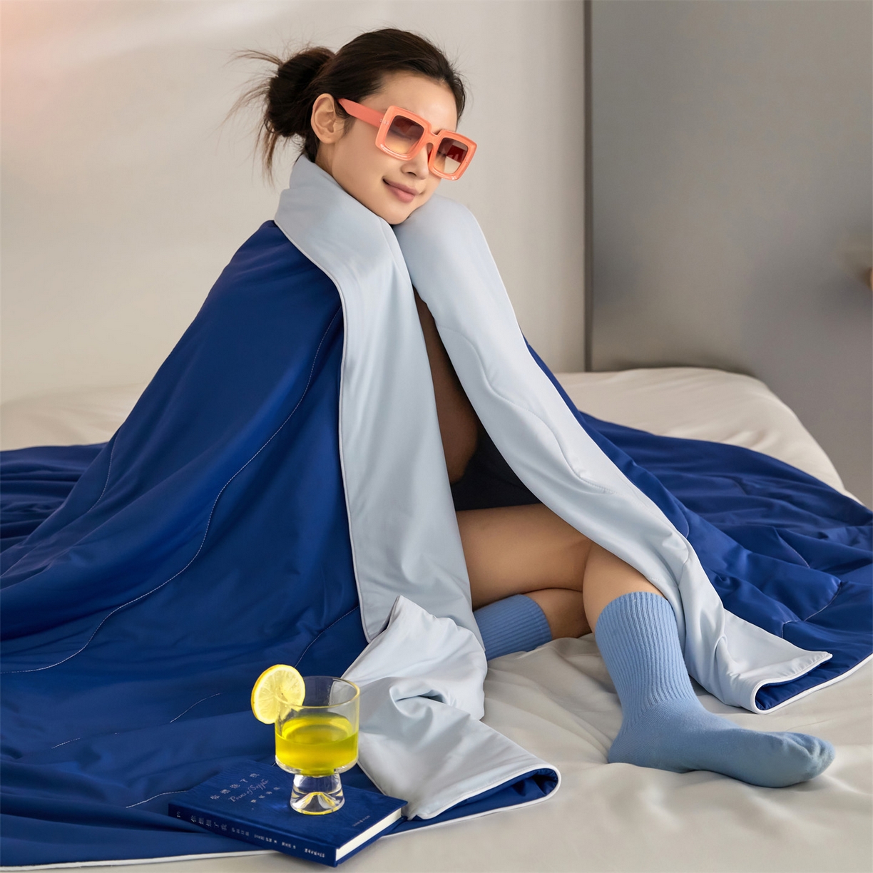 91家纺网 家纺一手货源 找家纺 头等舱 2026新款3.0版凉感A类锦氨（160克）20大豆抗菌夏被（配礼盒）深蓝+浅灰蓝