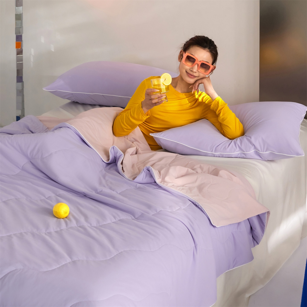 91家纺网 家纺一手货源 找家纺 头等舱 2026新款3.0版凉感A类锦氨（160克）20大豆抗菌夏被（配礼盒）优雅紫+浅豆沙